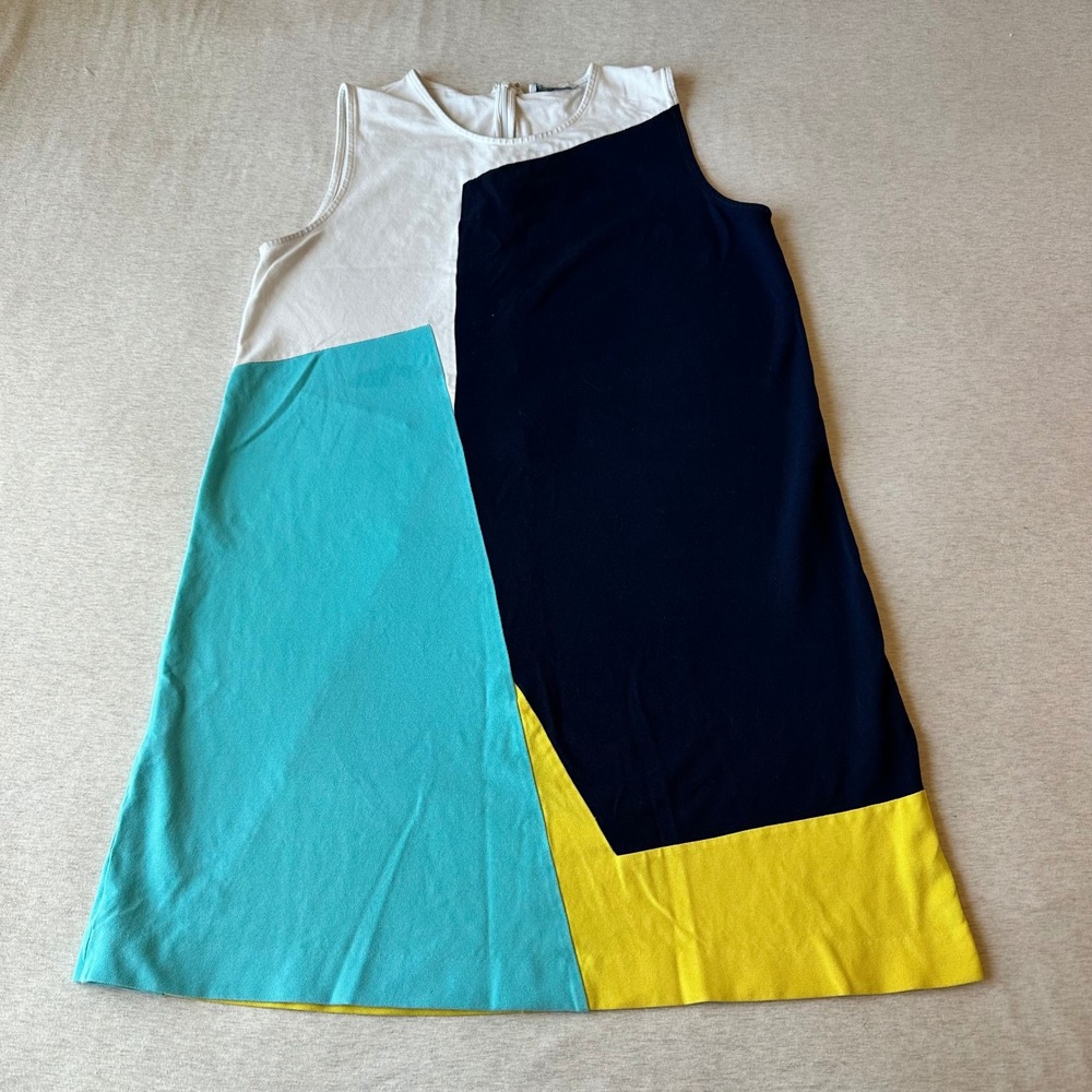Joan Vass Colorblock Sleeveless Shift Dress‎ Navy White Turquoise Yellow Knit